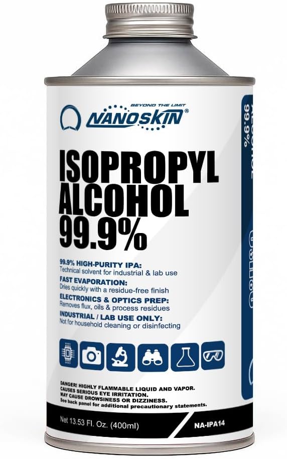 Nanoskin 99.9% Isopropyl Alcohol (IPA) – High-Purity Technical Grade Alcohol for Industrial & Laboratory Use, Fast Evaporating, Low-Residue Formula – 13.5 fl oz (400 mL), Single Pack