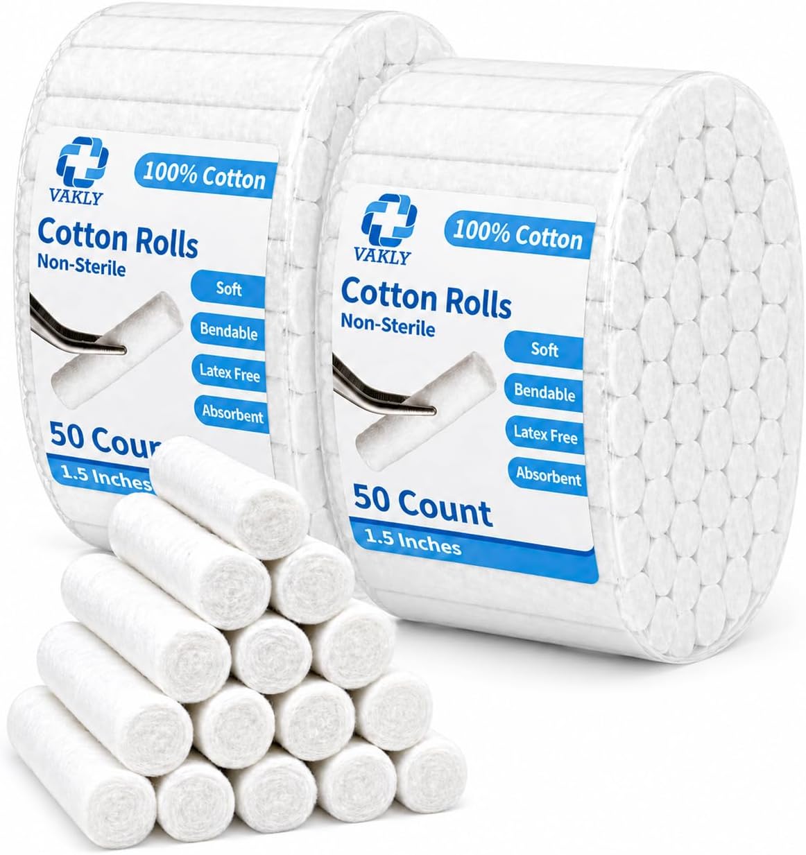 Vakly Dental Cotton Rolls #2 Medium 1.5 in (100 Count) – 100% Absorbent Non-Sterile Cotton Rolls for Dental Use, Mouth Gauze & Nosebleeds