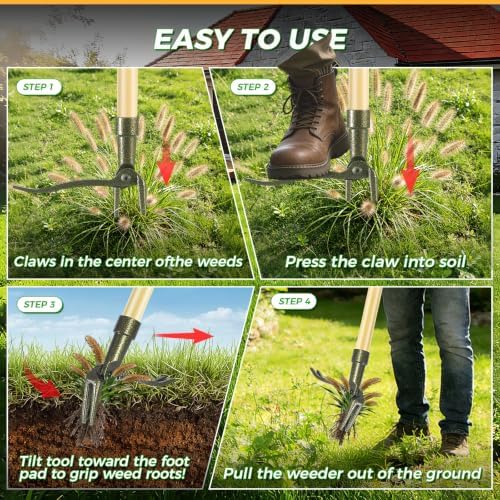 Weed Puller Tool, Stand Up Heavy Duty Weed Remover Tool with Long Handle – 4-Claw Steel Head Weeder for Dandelions, Bamboo Garden Hand Weeding Tool, No Kneeling for Easy Root Removal