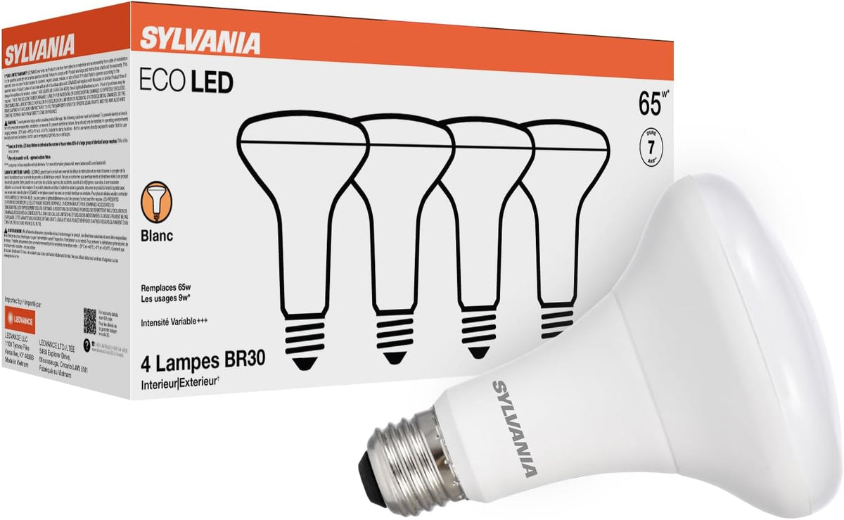 Sylvania ECO LED BR30 Light Bulb, 65W = 10W, Dimmable, Frosted Finish, 650 Lumens, 2700K, Soft White - 4 Pack (40870)