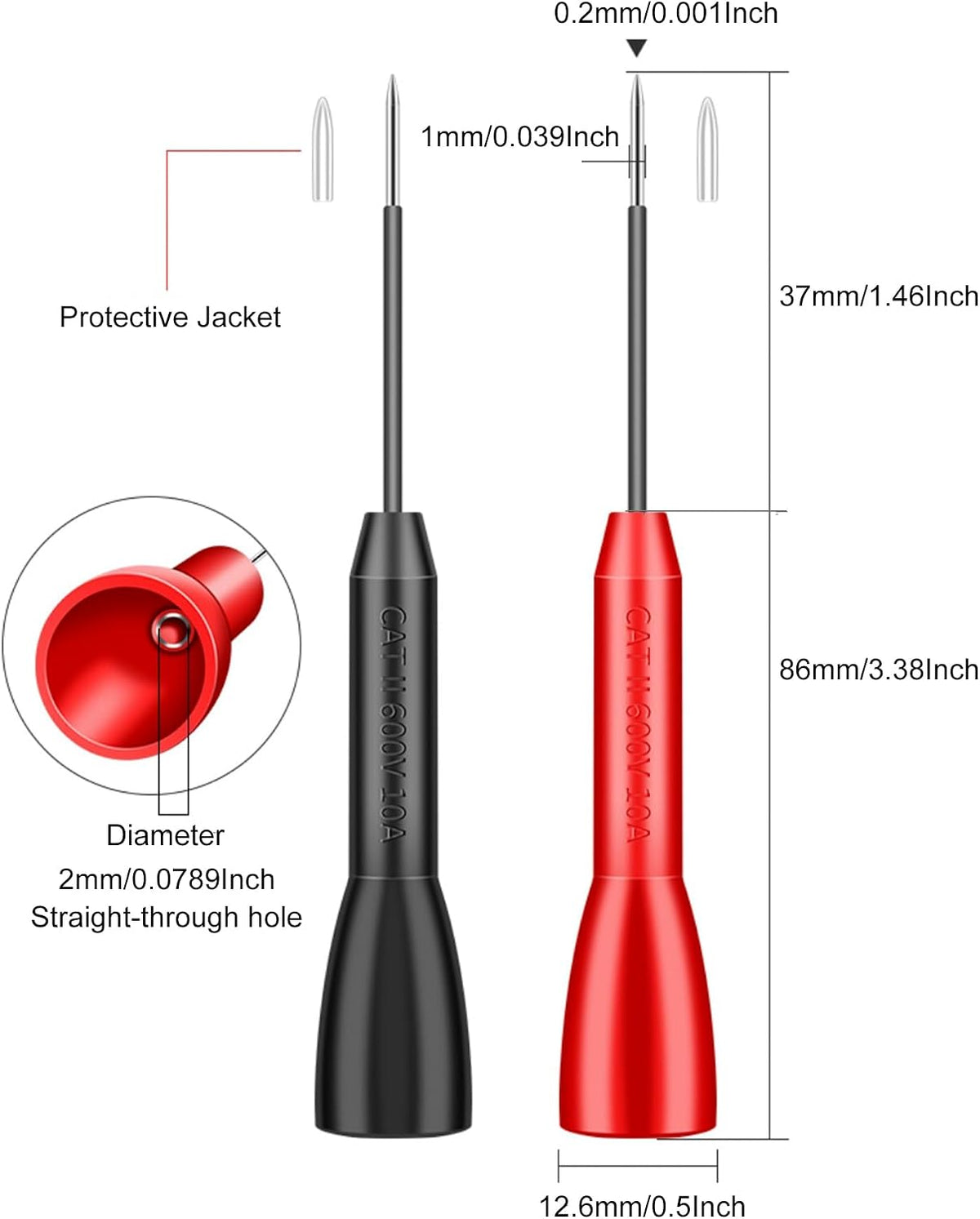 4 Pack 2mm Extended multimeter Needle Test Probes, 600V/10A Non-Destructive