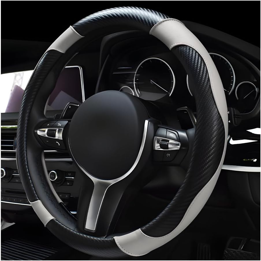 povtii Car Steering Wheel Cover, 15 Inch Leather Breathable Auto Steering Wheel Protector, Comfortable Non-Slip Vehicle Steering Wheel Covers, Universal Interior Car Accessories (Black+Pink)