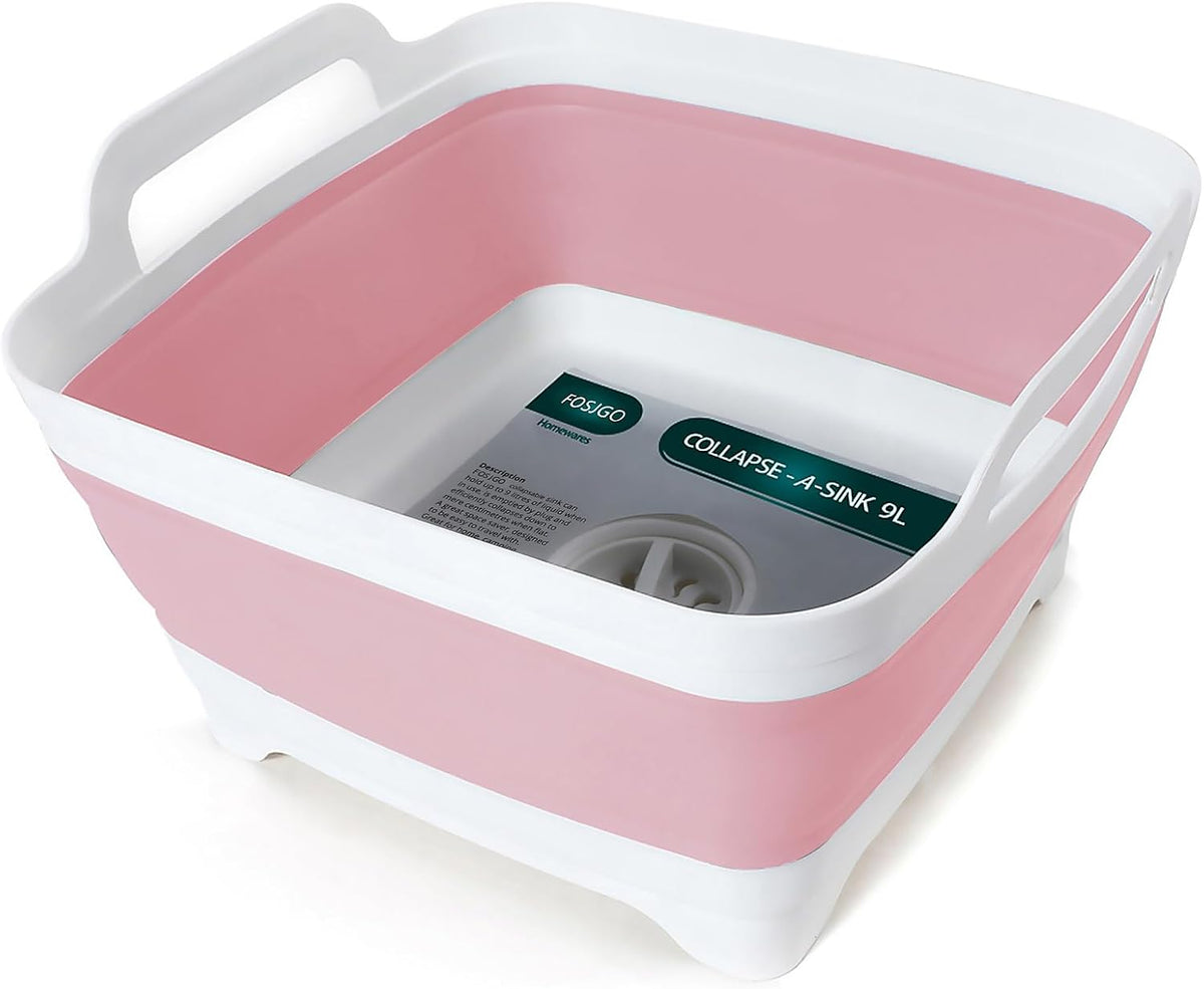 FOSJGO Collapsible Dish Basin with Drain Plug, Foldable Sink, 2.4 Gal (9L)