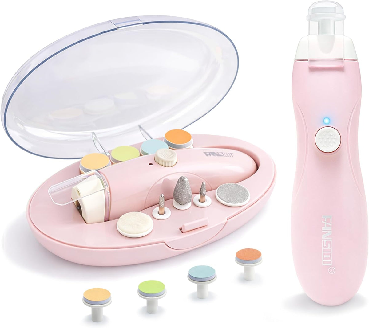 Fansidi Baby Nail Trimmer Electric, Easy & Safe Nail File for Newborn Infant Toddler, Whisper-Quiet Nighttime Use, 4-Stage Age-Matched Grinding Heads, LED Light, 18-Piece Kit, Blue, Baby Shower Gift
