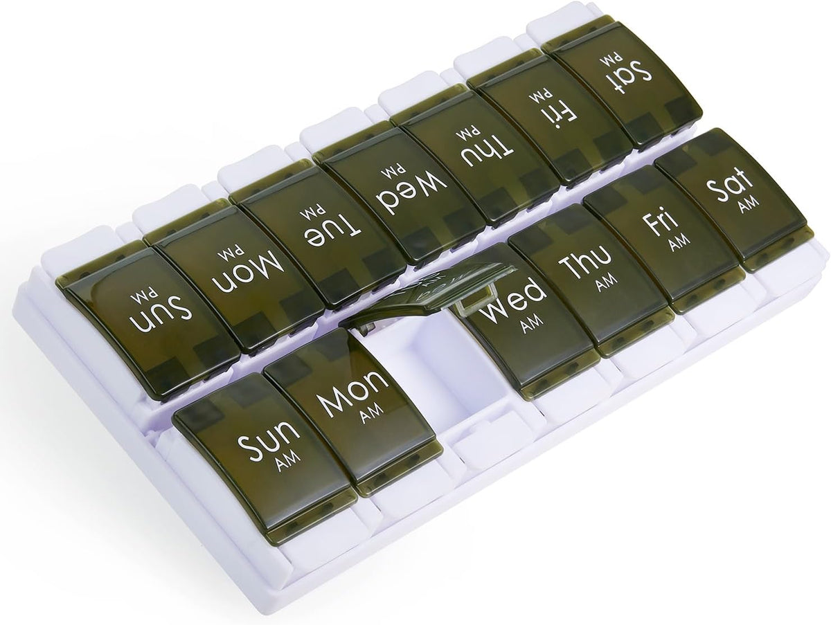 MOLN HYMY Large Pill Organizer 2 Times a Day, AM PM Pill Box 7 Day, 14 Dividers 2 Week Medicine Pill Organizer with Easy Push Button for Medication, Vitamins, Fish Oils, Supplements