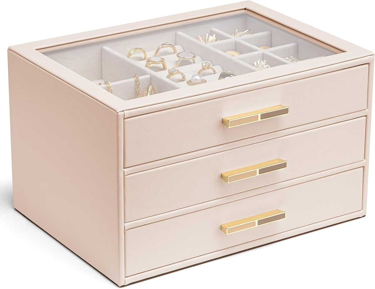 VLANDO Jewelry Box Organizer, 3-Layer Storage Drawers, Glass Window, Modern