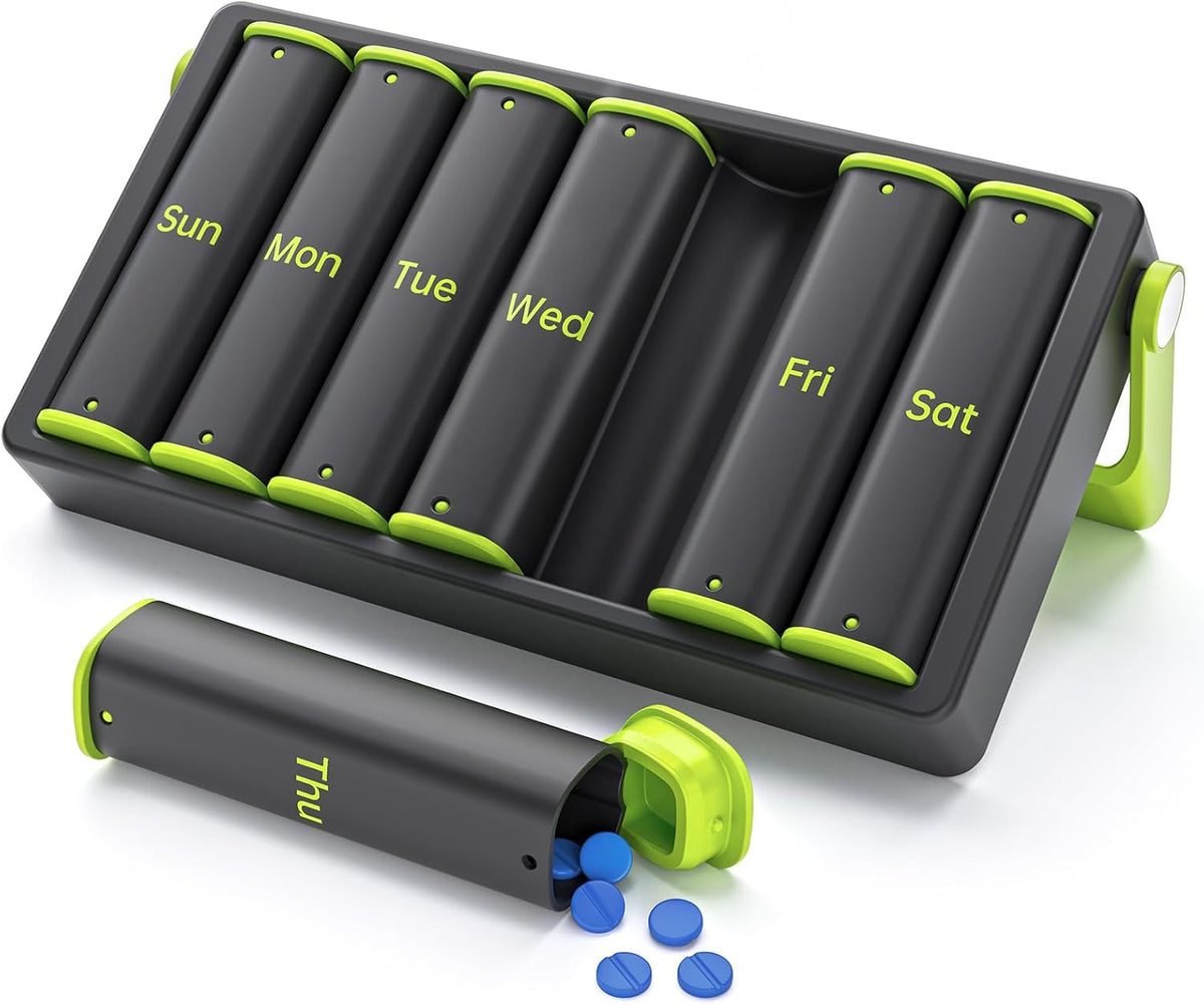 Weekly Pill Organizer 2 Times a Day, KOVIUU Large Travel Pill Box 7 Day, Am Pm Twice Daily Pill Case with Rotatable Handle, Week Pill Holder Container for Vitamin Medicine Supplement Fish Oil, Black