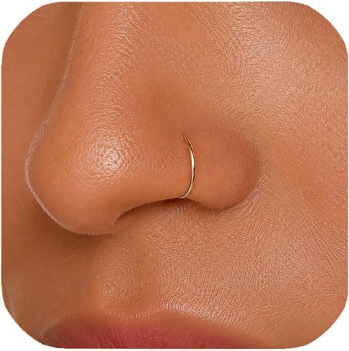 LUCKYJEWUS Small Thin Gold or Sterling Silver Nose Ring Hoop for Women, Tiny Nose Piercing jewelry