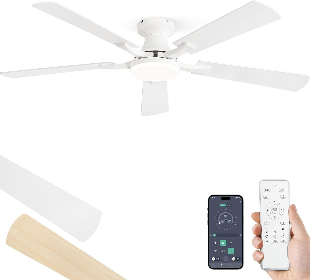 ZMISHIBO 52 Inch Ceiling Fans with Lights, Remote&App Control, Flush Mount