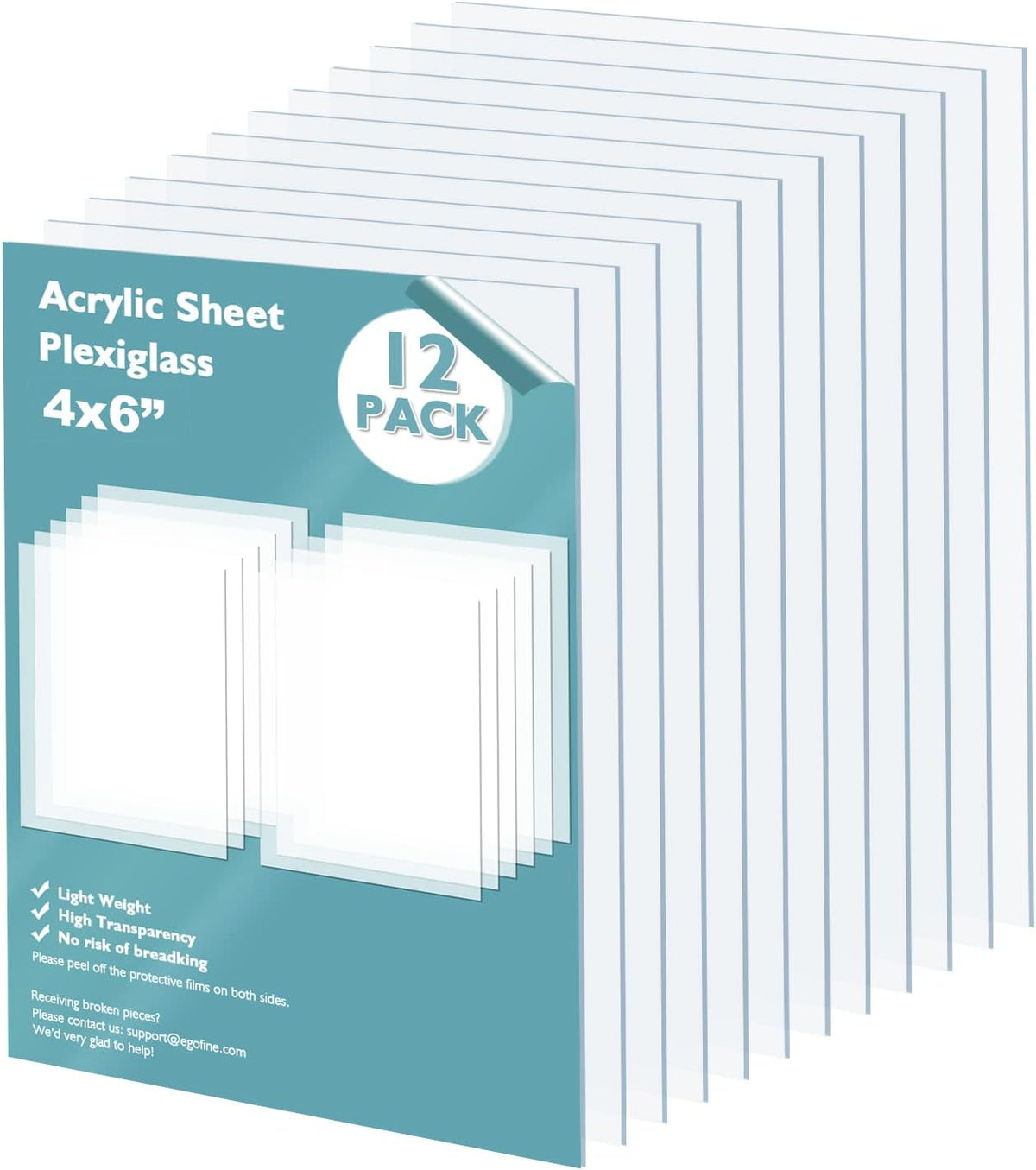 Egofine Plexiglass Sheets Acrylic Sheets 6 Pack of 8x10’’ 0.04 Thick Clear Plastic Cast Transparent Plexi Glass for Crafting Projects, Replacement Picture Frame Glass, DIY Display, Easy to Cut
