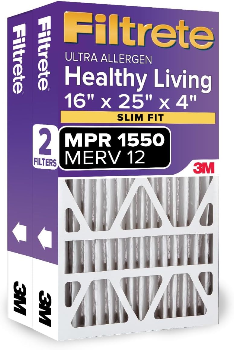 Filtrete 20x25x4 Air Filter MERV 12, MPR 1550 Certified Asthma & Allergy Friendly 2-Pack, Fits Honeywell & AprilAire, AC Furnace HVAC Filters, Pleated Electrostatic (Actual Size 19.88x24.63x4.31 in)