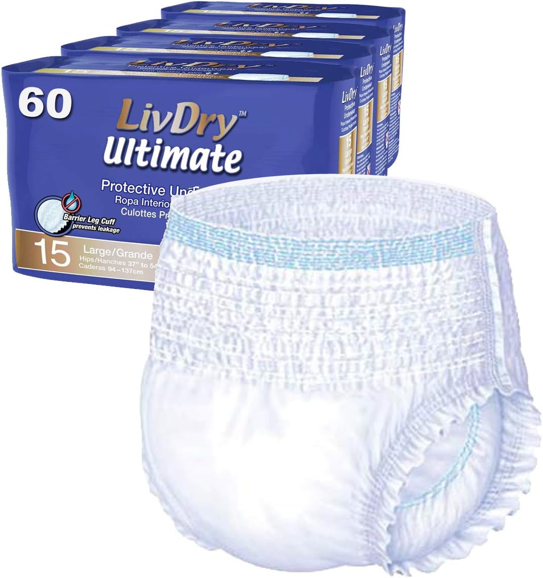 LivDry Ultimate Adult Incontinence Underwear, Max Absorbent Adult Diapers with Leak Protection, Medium, 68-Pack