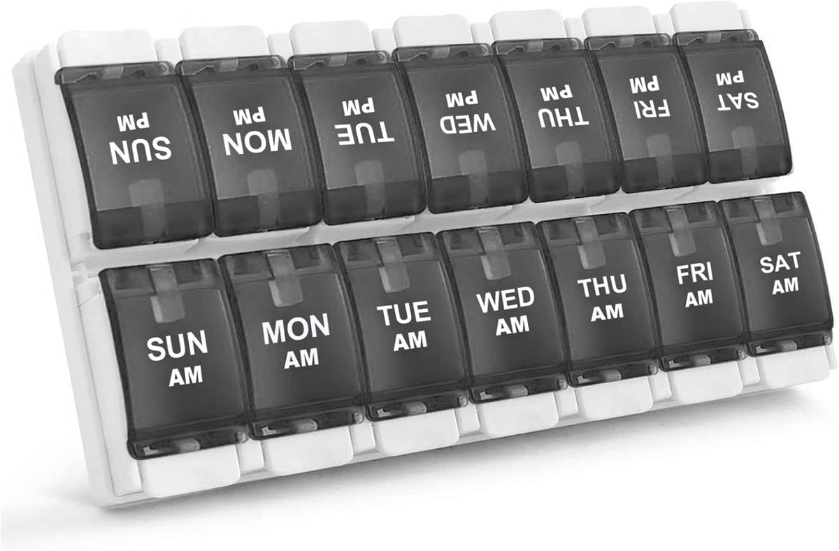 Sukuos AM PM Weekly Pill Organizer 2 Times A Day, Large Daily Pill Box Case 7 Day with Easy Push Button Design, Detachable Medicine Holder for Vitamin/Fish Oil/Supplements (Rainbow)