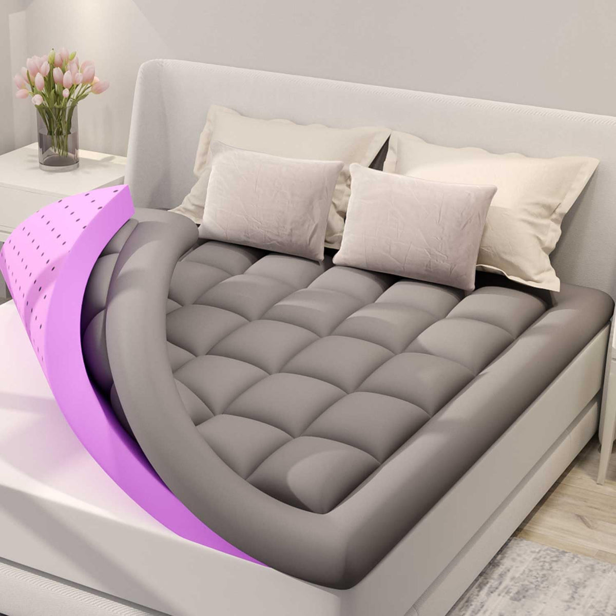 BDEUS Dual Layer 5 Inch Memory Foam Mattress Topper Twin XL Size for Dorm Room, 2 Inch Gel Memory Foam Plus 3 Inch Pillow Top Mattress Pad Cover,Back to School Essentials, Dark Gray