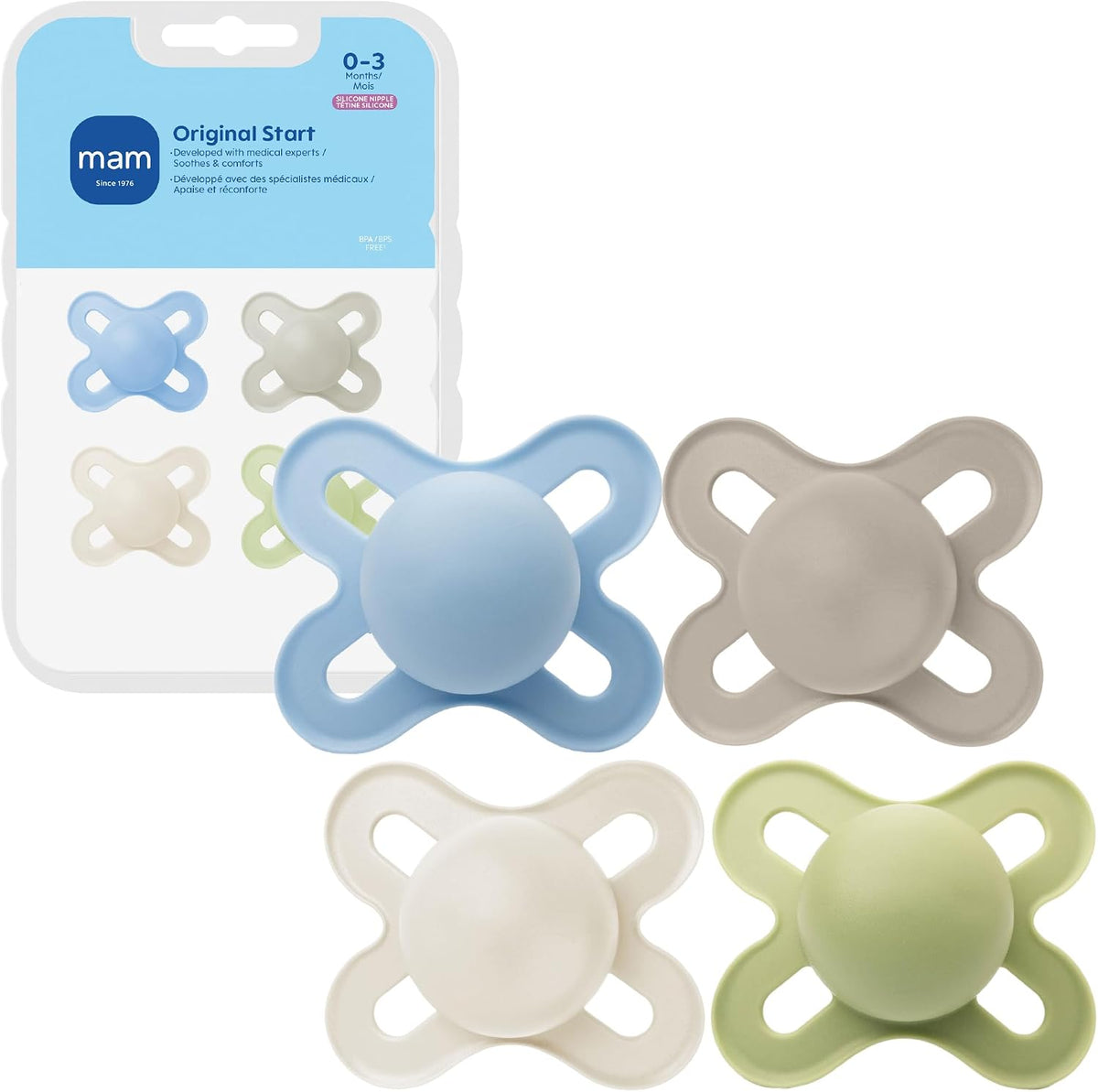 MAM Original Start Baby Pacifiers 0-3 Mths Skin Soft Silicone, 2 Pack