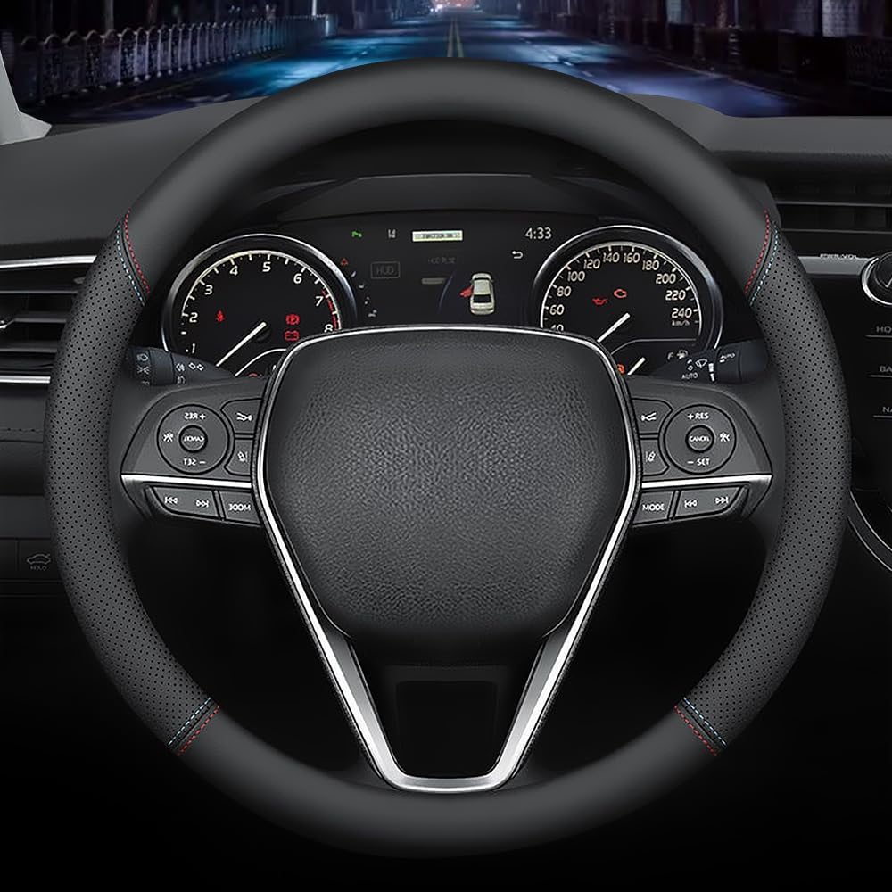 LKWLIKEI Nappa Premium Leather car Steering Wheel Cover, Non-Slip, Breathable, Universal 15 inches, Black.