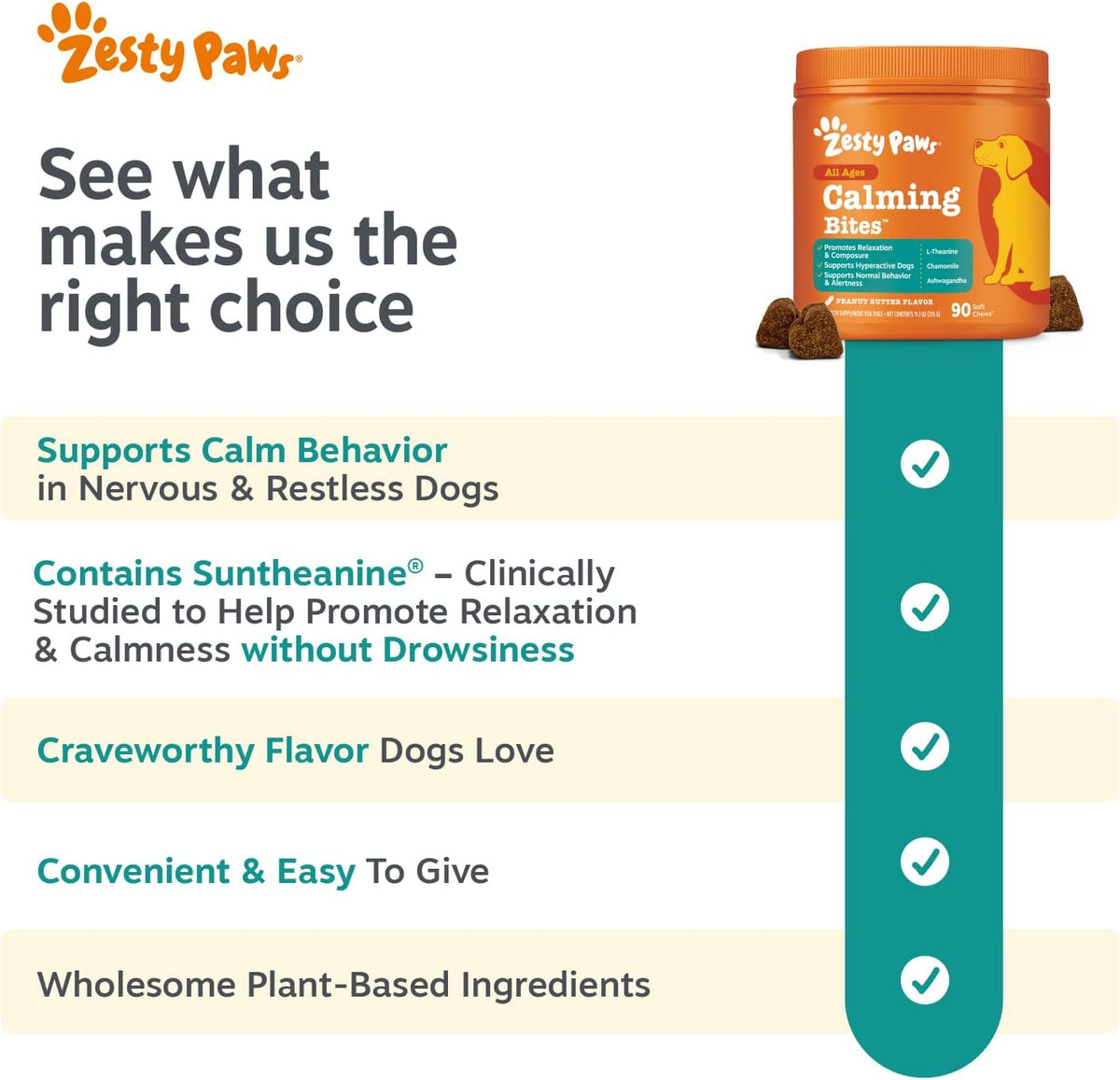 Zesty Paws Calming Chews for Dogs - Dog Calming Supplement, PB, 90 Ct