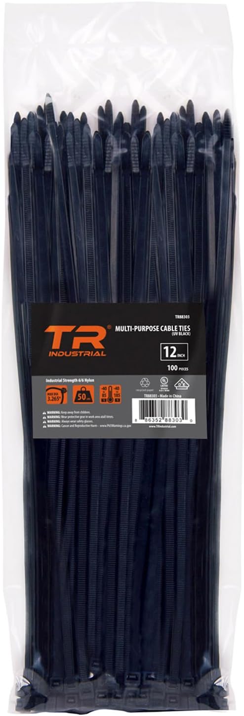 TR Industrial Multi-Purpose UV Resistant Black Cable Ties, 8 inches, 100 Pack