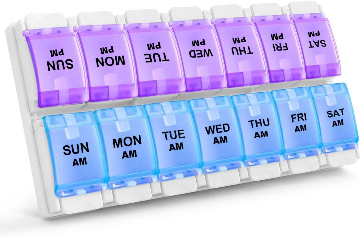 Sukuos AM PM Weekly Pill Organizer 2 Times A Day, Large Daily Pill Box Case 7 Day with Easy Push Button Design, Detachable Medicine Holder for Vitamin/Fish Oil/Supplements (Rainbow)