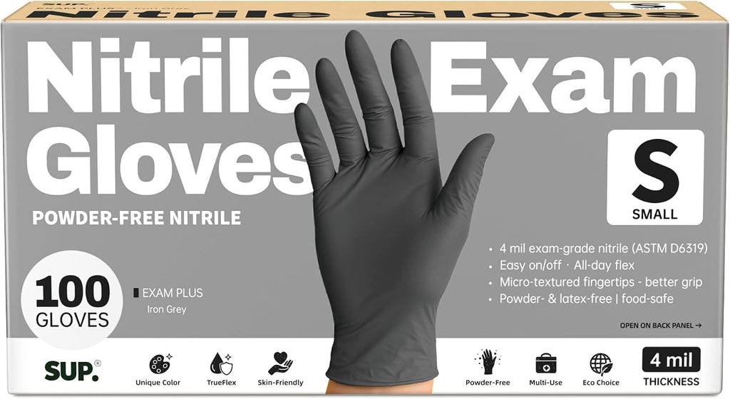 SUP Powder-Free Nitrile Exam Gloves, 100 Count, Food Safe Latex-Free Medical Non-Sterile Cooking Disposable Glove, Black