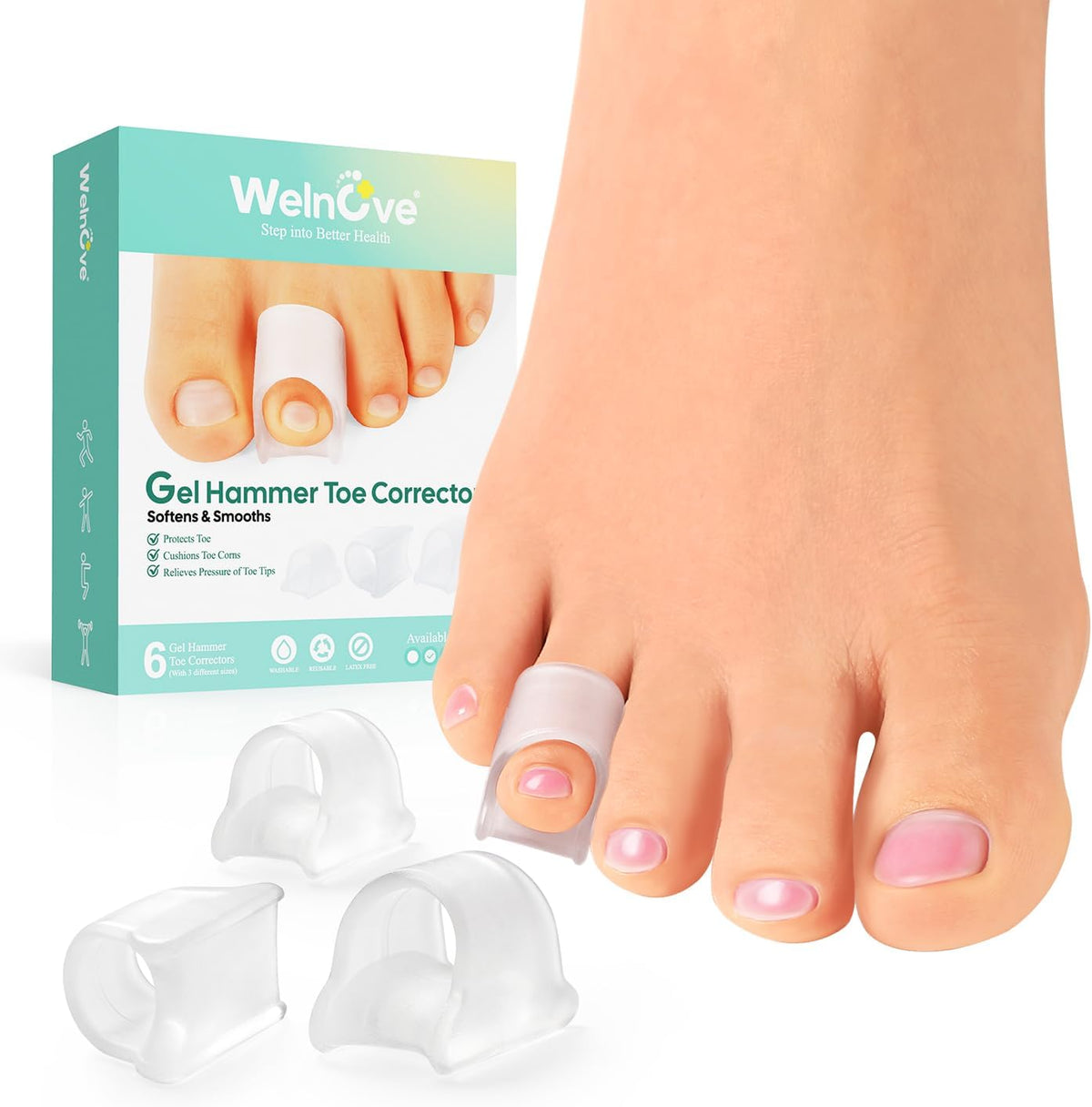 Welnove Hammertoe Corrector - 6 Pack Toe Splints - Soft Gel Toe Straighteners - Realign Bent, Curled, Crooked, Claw, Hammer Toes - Toe Corrector for Men and Women, 3 Different Sizes (Beige)