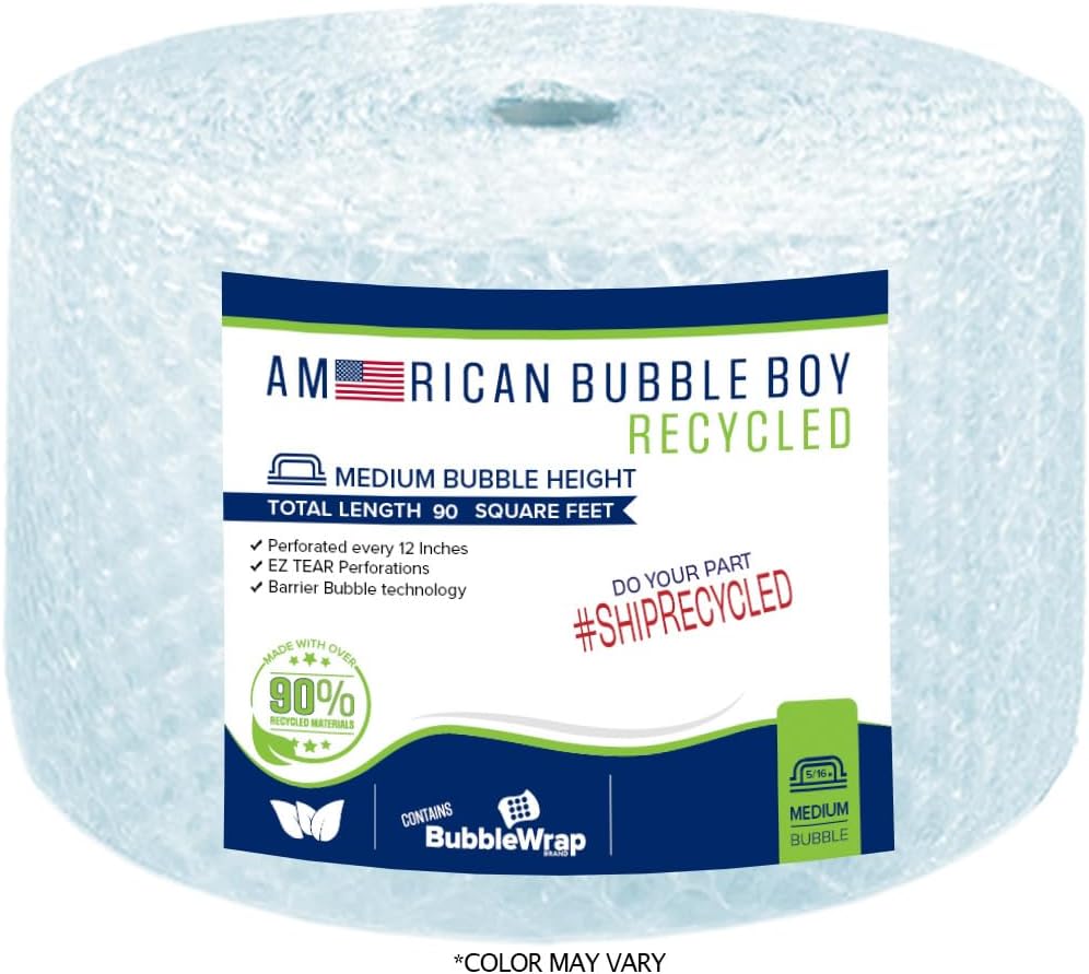 Large roll of 175 Feet of Recycled Small Plus Bubble wrap for packing, moving and shipping for your business essentials. Eco friendly and made from 90% post-consumer materials by American Bubble Boy