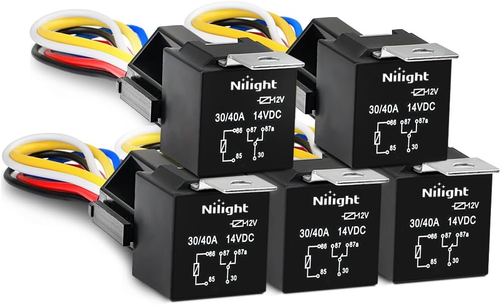 Nilight 50003R Automotive Set 5-Pin 30/40A 12V SPDT with Interlocking Relay Socket and Wiring Harness-5 Pack, 2 Years Warranty
