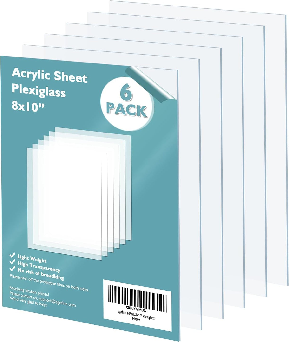 Egofine Plexiglass Sheets Acrylic Sheets 6 Pack of 8x10’’ 0.04 Thick Clear Plastic Cast Transparent Plexi Glass for Crafting Projects, Replacement Picture Frame Glass, DIY Display, Easy to Cut