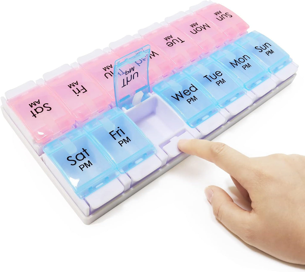MOLN HYMY Large Pill Organizer 2 Times a Day, AM PM Pill Box 7 Day, 14 Dividers 2 Week Medicine Pill Organizer with Easy Push Button for Medication, Vitamins, Fish Oils, Supplements