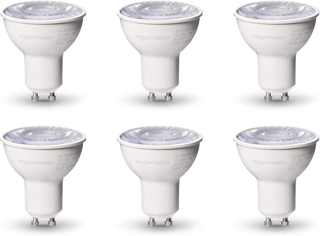 Amazon Basics MR16 LED Light Bulb, 50W Equivalent, Energy Efficient 7W, GU10 Base, Warm White 3000K, Dimmable, 10,000 Hour Lifetime, 6-Pack