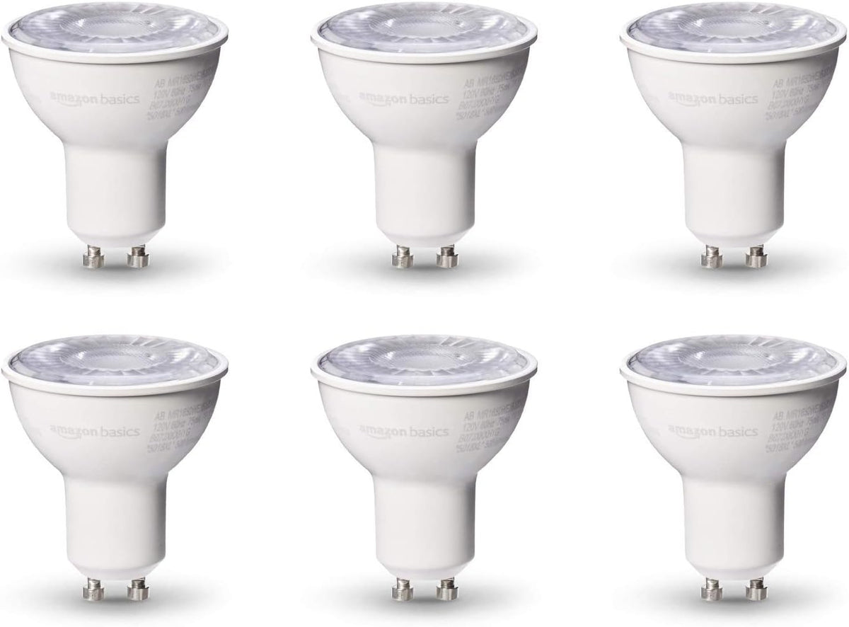 Amazon Basics MR16 LED Light Bulb, 50W Equivalent, Energy Efficient 7W, GU10 Base, Warm White 3000K, Dimmable, 10,000 Hour Lifetime, 6-Pack