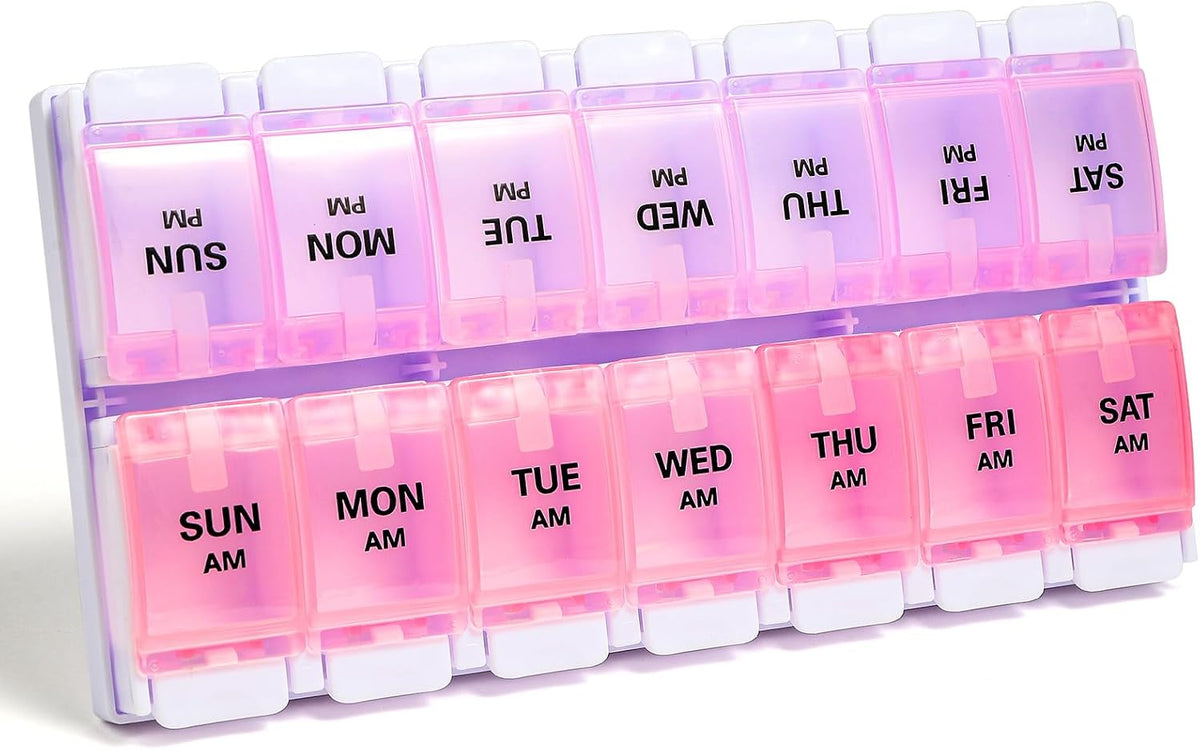 Sukuos AM PM Weekly Pill Organizer 2 Times A Day, Large Daily Pill Box Case 7 Day with Easy Push Button Design, Detachable Medicine Holder for Vitamin/Fish Oil/Supplements (Rainbow)