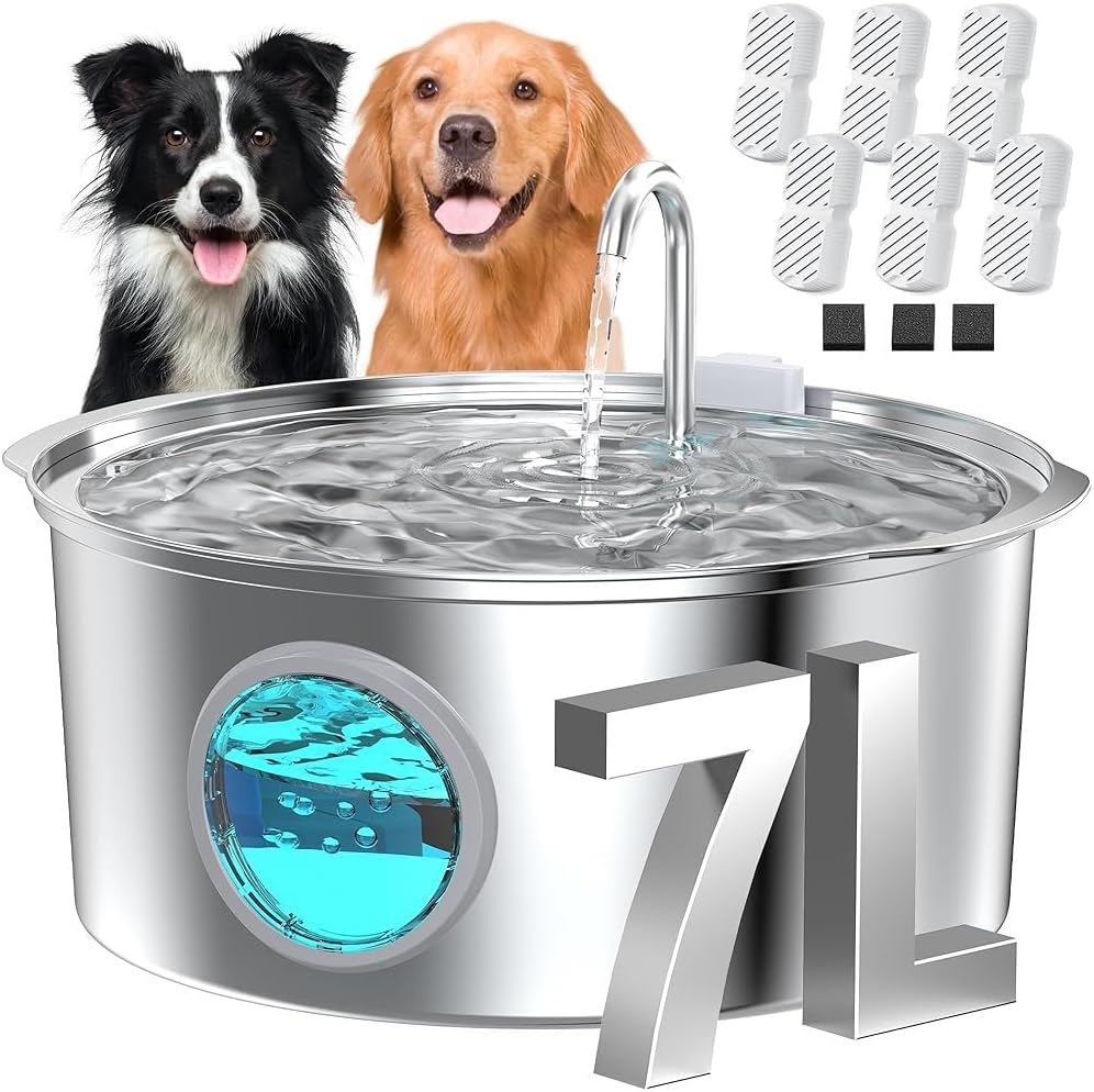 Dog Water Fountain for Large Dogs: 7L/236oz/1.8G Dog Fountain Stainless Steel - Big Cat Drinking Fountain Indoor - Super Quiet Water Fountain for Dogs Inside - for Large Dog Cats & Multi-Pet Home