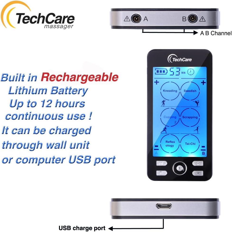 Rechargeable TENS EMS Muscle Stimulator, Dual Channel Electric Pulse Massager for Back & Neck Muscle Recovery and Pain Relief