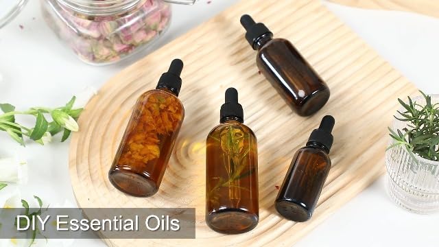 4 Pack, 1 oz Thick Dark Amber Glass Dropper Bottles with 1 Funnels & 4 Labels - 30ml Tincture Bottles with Eye Dropper - Leakproof Essential Oils Bottle - Storage and Travel for Beauty or Health