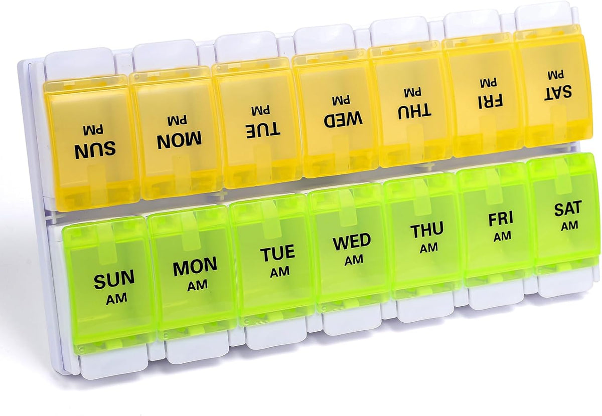 Sukuos AM PM Weekly Pill Organizer 2 Times A Day, Large Daily Pill Box Case 7 Day with Easy Push Button Design, Detachable Medicine Holder for Vitamin/Fish Oil/Supplements (Rainbow)