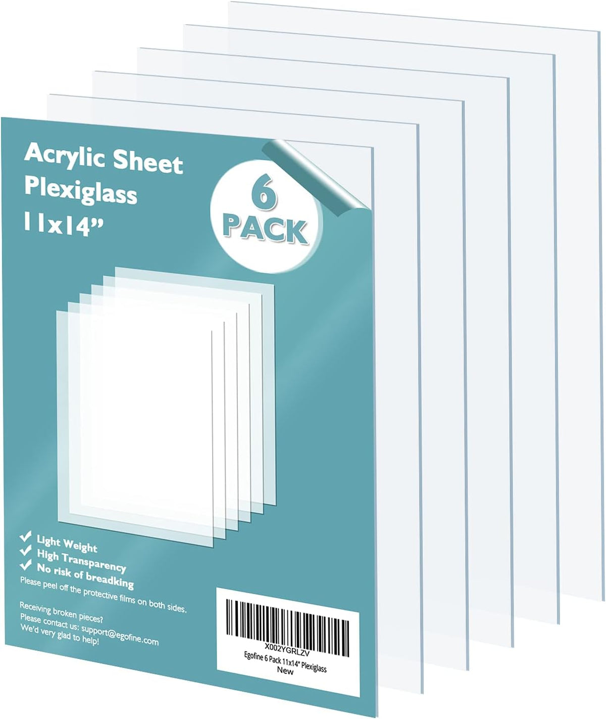 Egofine Plexiglass Sheets Acrylic Sheets 6 Pack of 8x10’’ 0.04 Thick Clear Plastic Cast Transparent Plexi Glass for Crafting Projects, Replacement Picture Frame Glass, DIY Display, Easy to Cut