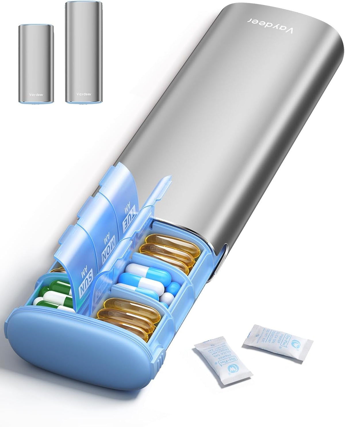 Vaydeer Metal 7 Day Travel Pill Organizer 2 Times a Day, Built-in Desiccant