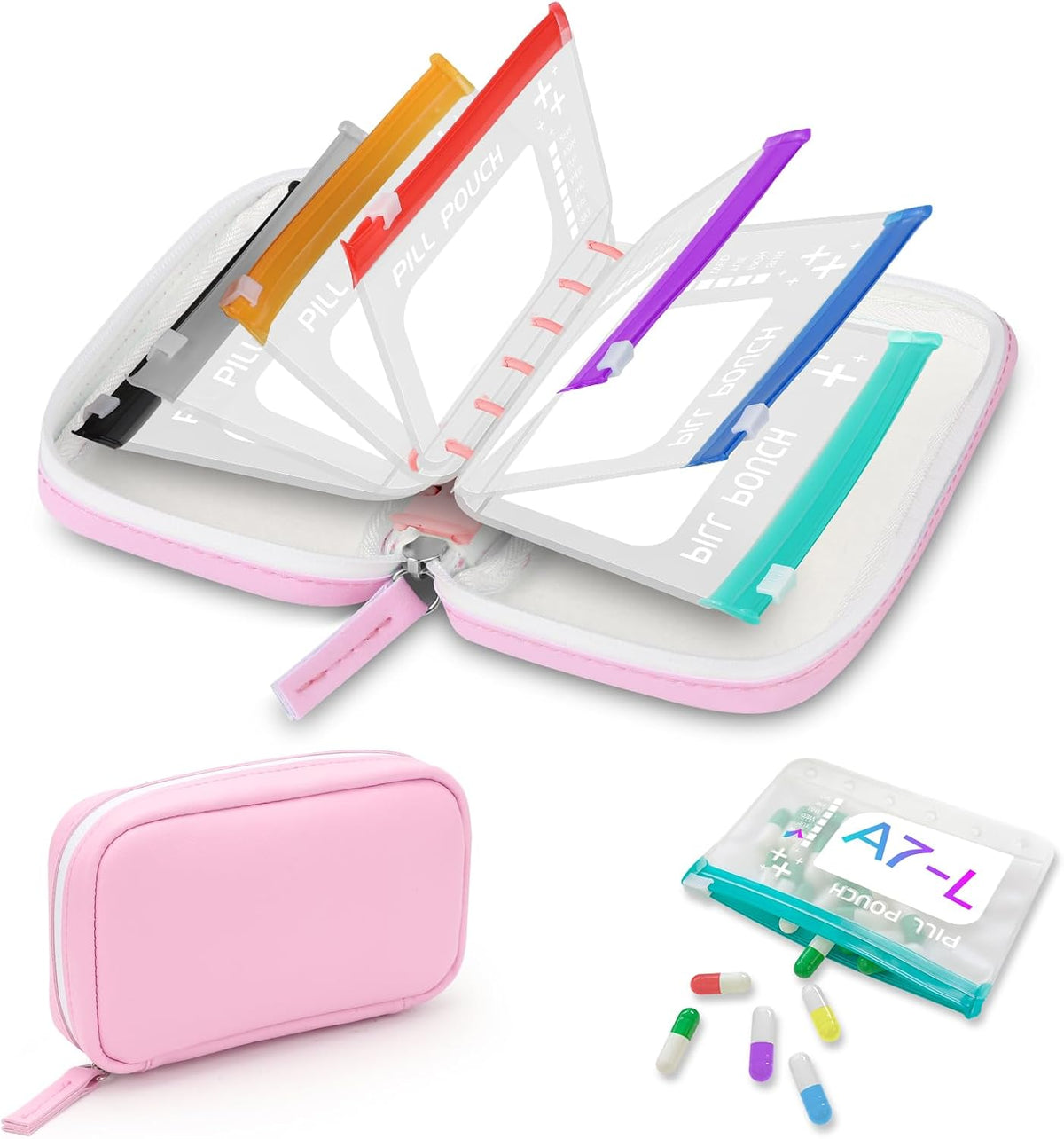 Timueetech A7 Waterproof Pill Organizer with 7 PCS L Size Zippered Pill Pouches for A7 Binder, Large BPA-Free Weekly Medicine Organizer, Color-Coded Reusable Travel Pill Storage System