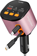 Retractable Car Charger,5 in 1 Fast Cars Phone Charger 90W,Bluetooth 5.3 FM Transmitter Adapter,Handsfree Call,2 Retractable Cables and USB Chargers for iPhone17/16 15/14/13
