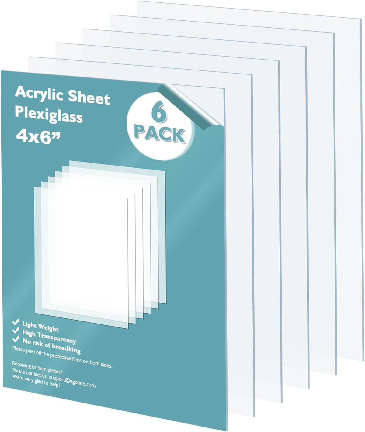 Egofine Plexiglass Sheets Acrylic Sheets 6 Pack of 8x10’’ 0.04 Thick Clear Plastic Cast Transparent Plexi Glass for Crafting Projects, Replacement Picture Frame Glass, DIY Display, Easy to Cut