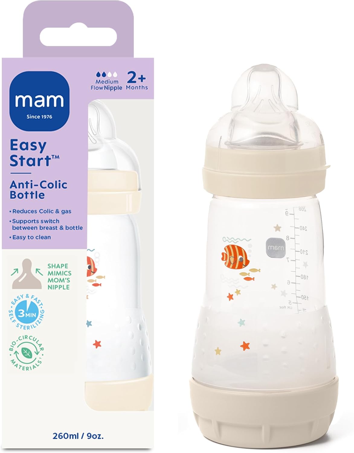 MAM 9oz Easy Start Anti-Colic+ Vented Baby Bottles, 2+ Months, 4 Pack, Girl