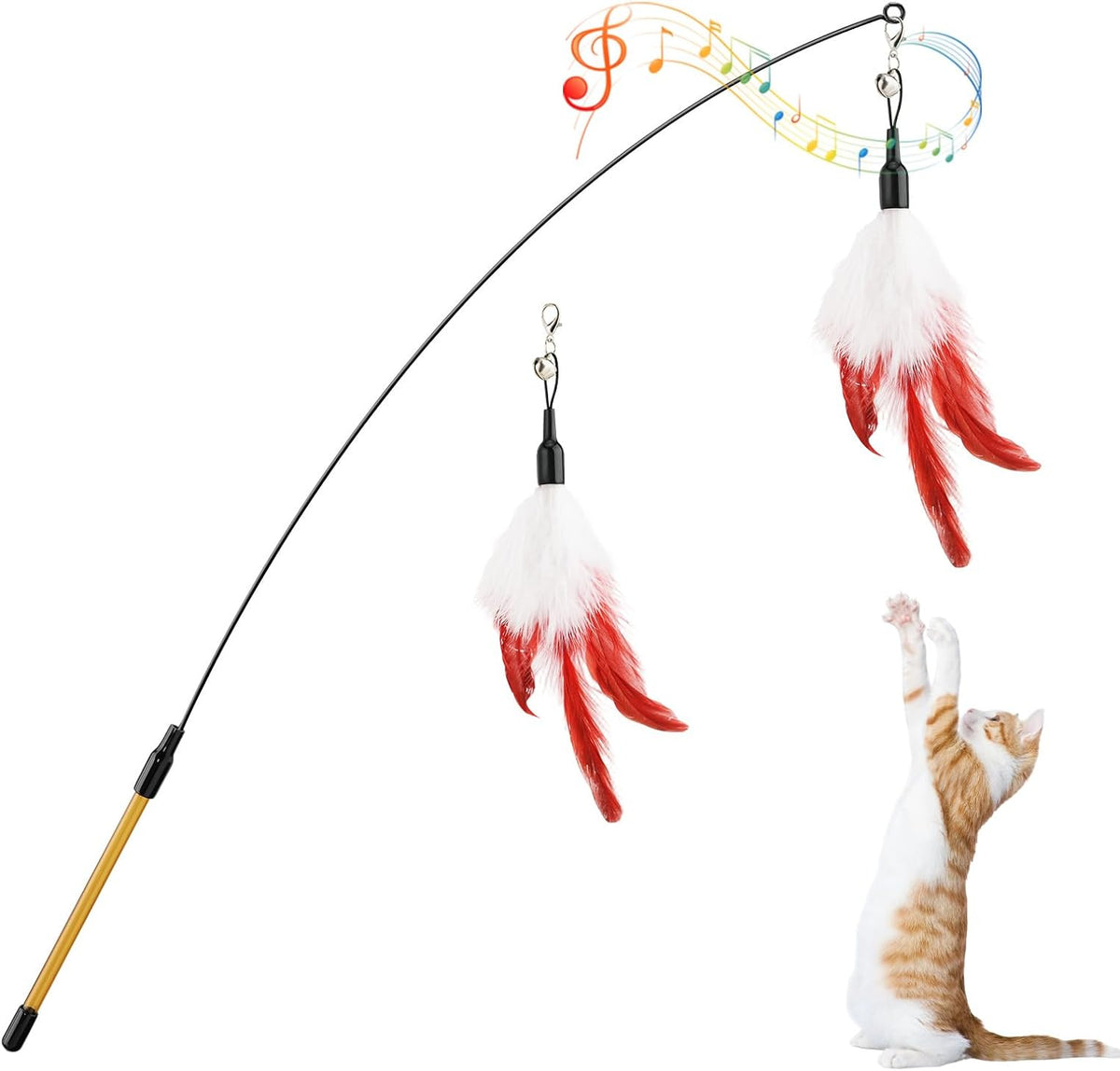 Pawaboo Cat Feather Wand Interactive Toy, 2 Feathers + 1 Wand with Bell