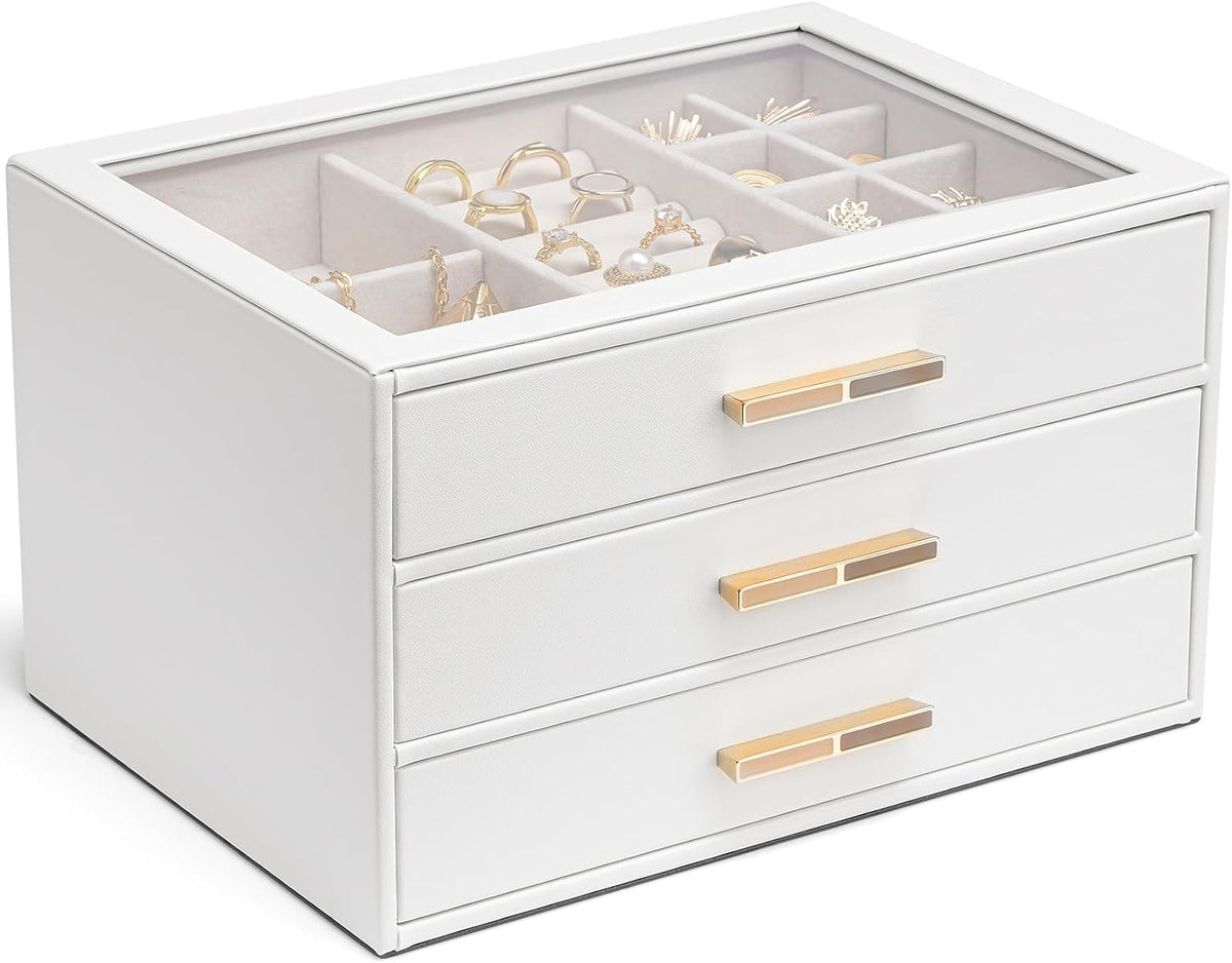 VLANDO Jewelry Box Organizer, 3-Layer Storage Drawers, Glass Window, Modern