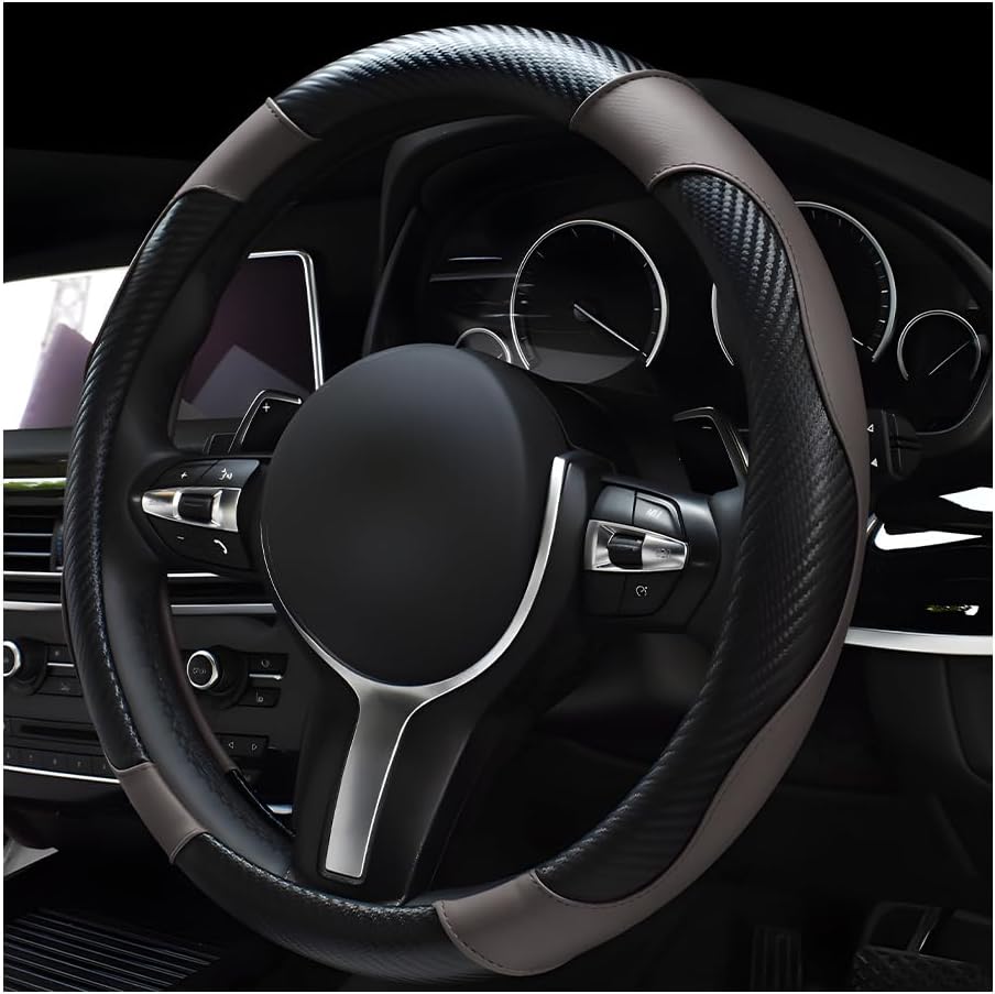 povtii Car Steering Wheel Cover, 15 Inch Leather Breathable Auto Steering Wheel Protector, Comfortable Non-Slip Vehicle Steering Wheel Covers, Universal Interior Car Accessories (Black+Pink)