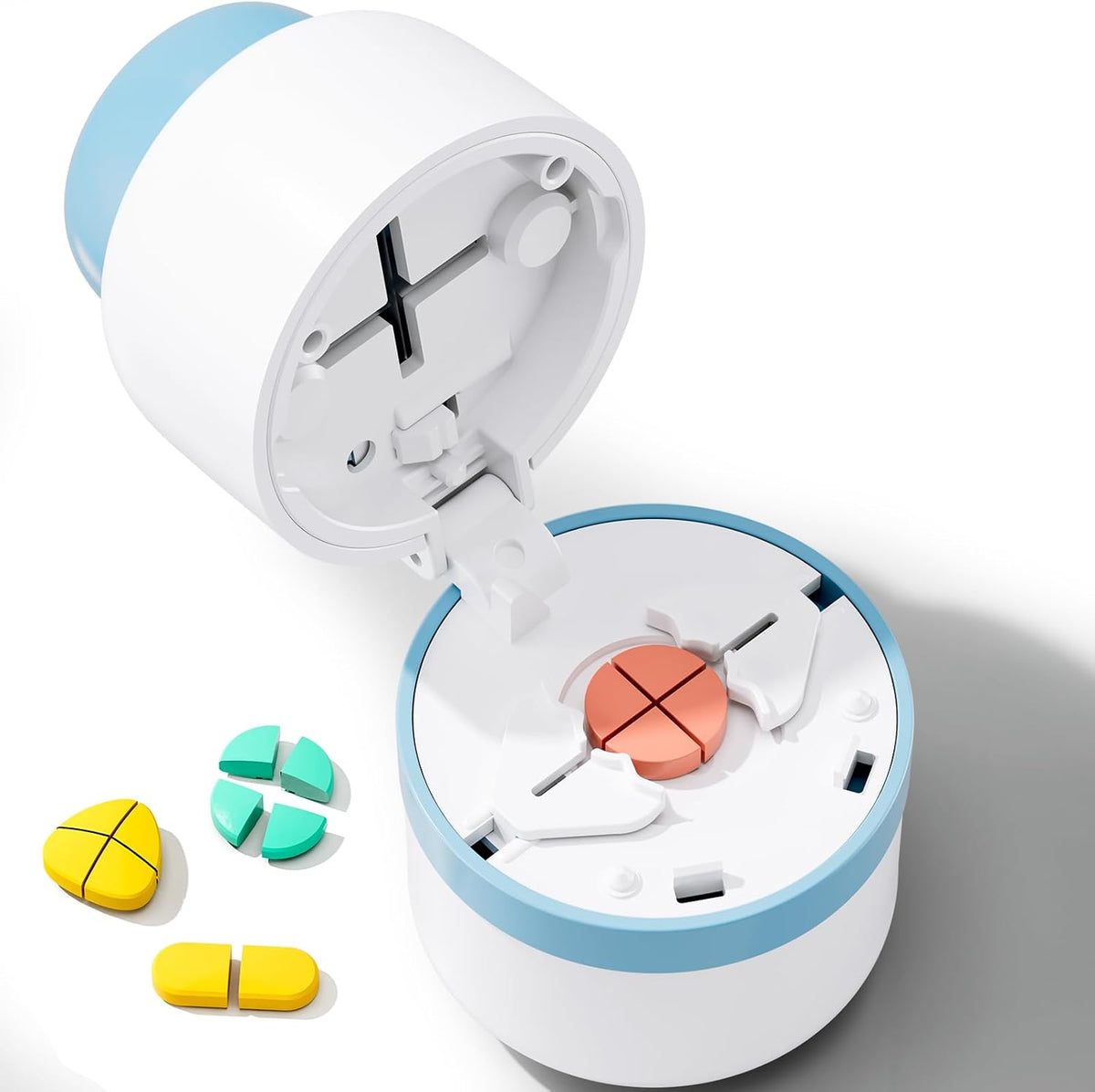 Pill Cutter 1/4 - Pill Splitter with Stainless Steel Blade for Cutting Small Pills or Large Pills in one Fourth, Suitable for Cuting Vitamins, Tablets (1-4 Blue)