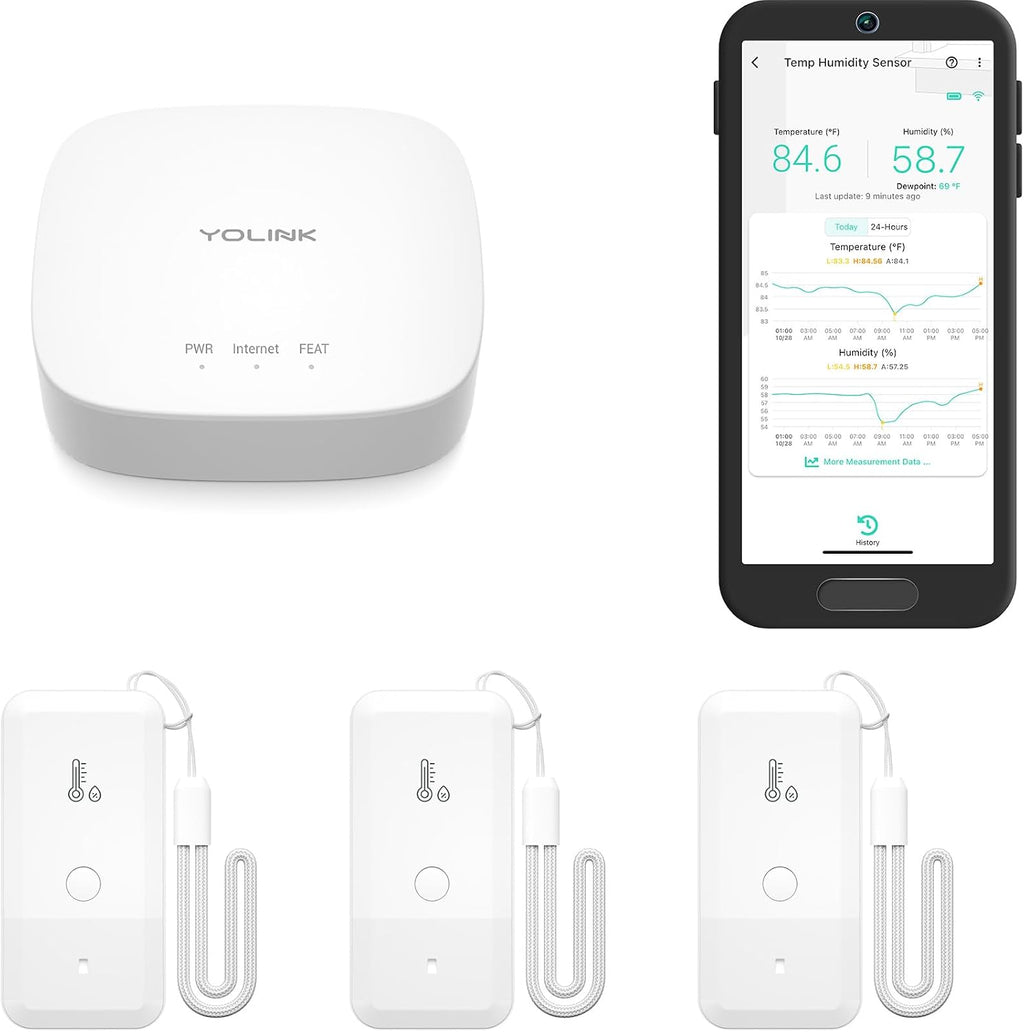 YoLink Smart Wireless Thermometer Hygrometer, 3-Pack, Wide Temp Range for Freezer, Fridge, Green House, Pet Cage, App Alerts, Emails, Text/SMS alerts, 5 Years Battery Life- Hub Included