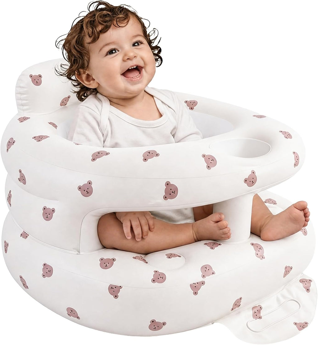Inflatable Baby Seat with Built-in Pump and Back Support, Brown Bear