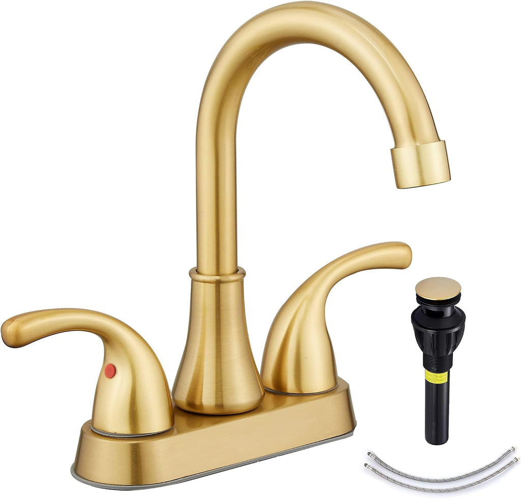 Bathroom Sink Faucet FRANSITON 4 Inch Faucet 2 Handle Bathroom Sink Faucets Lead-Free Brushed Nickel Bath Sink Faucets with Pop-up Drain Stopper and Supply Hoses
