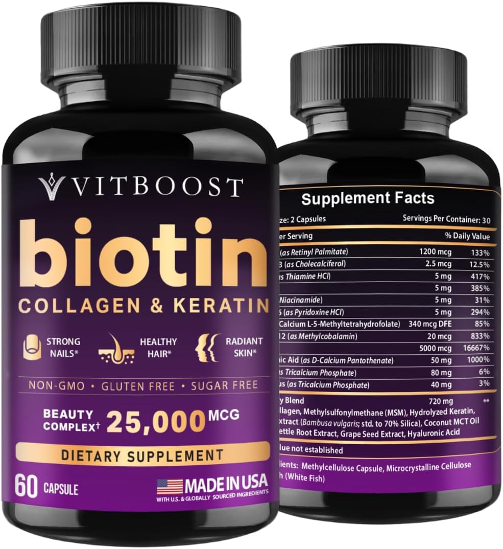 VITBOOST Biotin with Hyaluronic Acid, Collagen and Keratin - 60Ct, 25000mcg